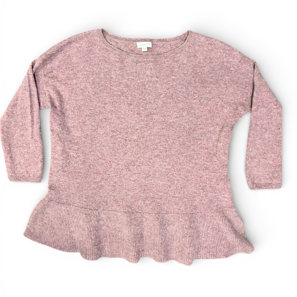 Garnet Hill Sweater 100% Cashmere Soft Pullover Crew Ruffle Hem Dusty Rose XS - Picture 2 of 5